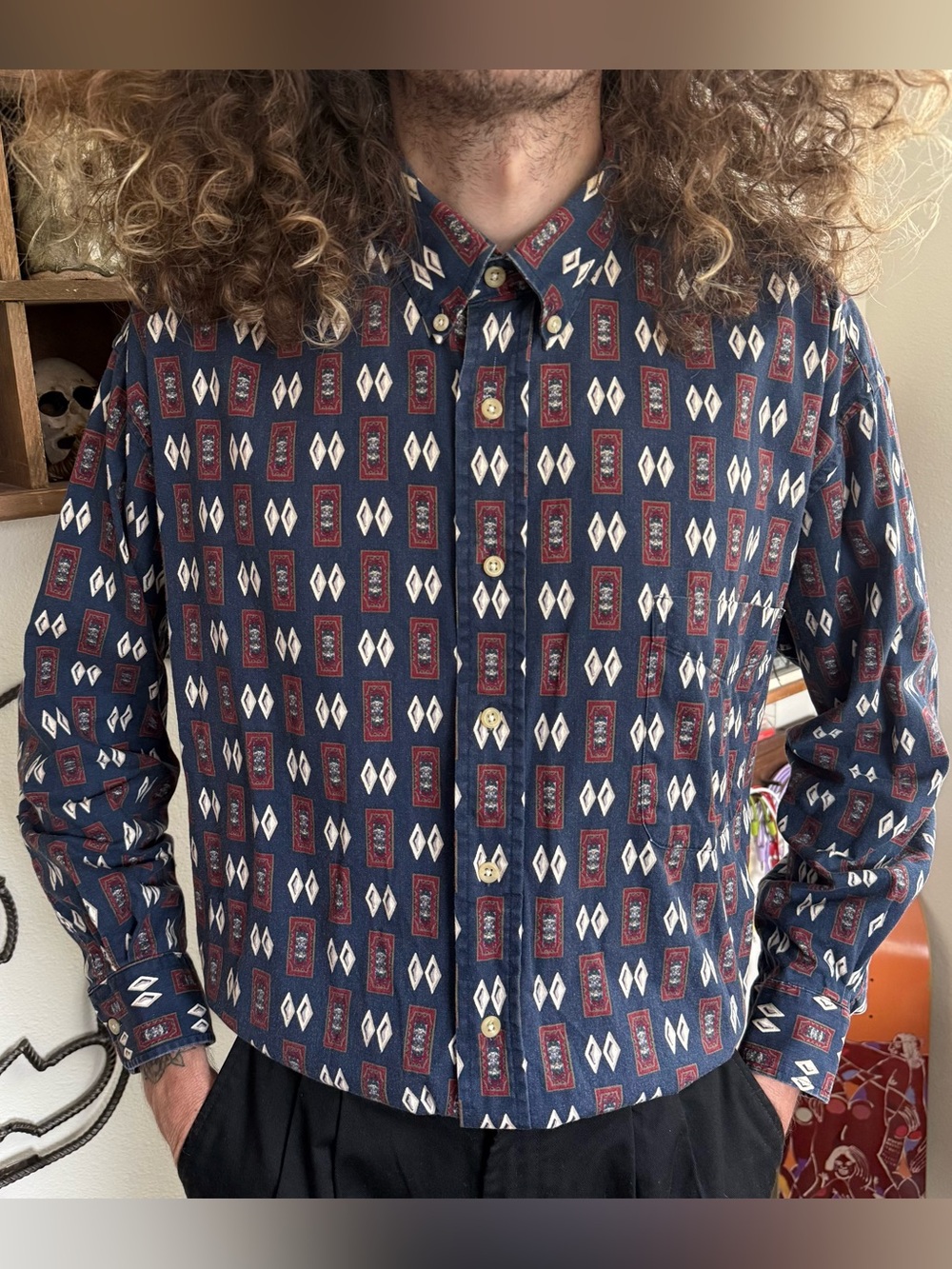 Vintage 90s Abstract Geometric Cotton L/S Button Down Shirt - Size Large
